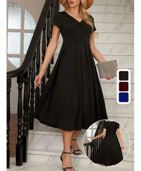 Kadın Kısa Kollu V Yakalı önden Pileli Midi Janjan Krep Elbise
