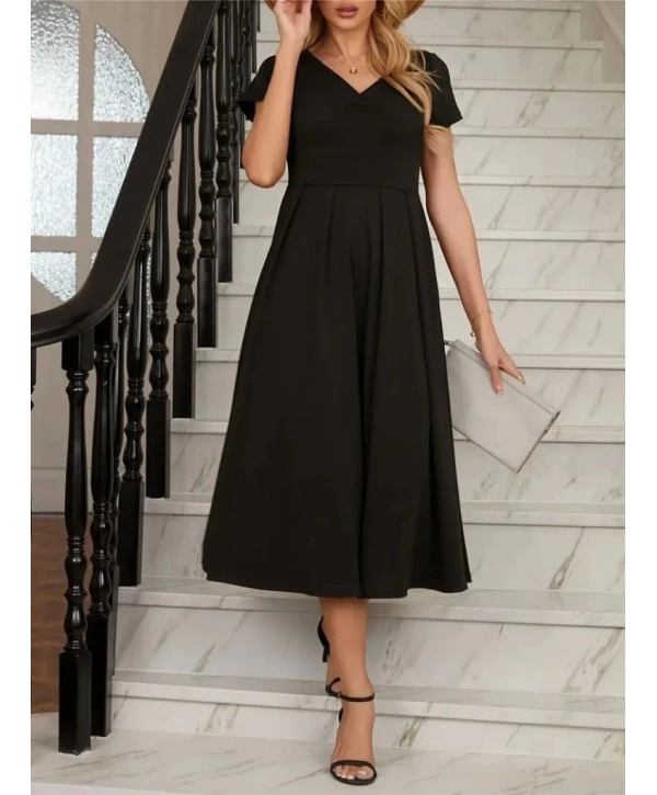 Kadın Kısa Kollu V Yakalı önden Pileli Midi Janjan Krep Elbise