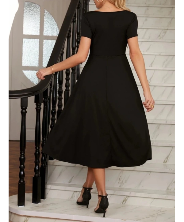 Kadın Kısa Kollu V Yakalı önden Pileli Midi Janjan Krep Elbise