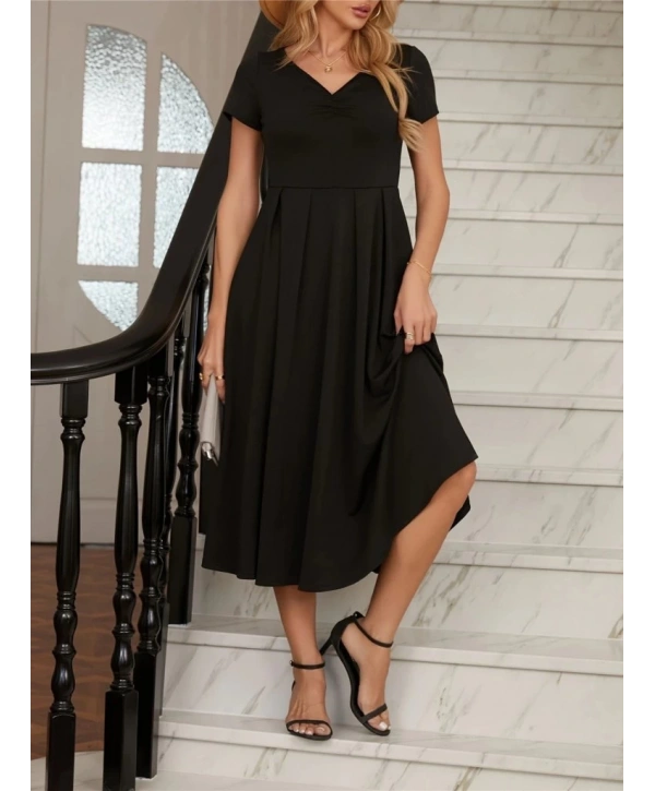Kadın Kısa Kollu V Yakalı önden Pileli Midi Janjan Krep Elbise