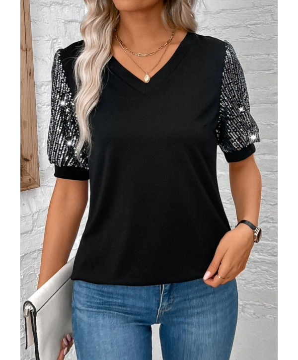 Kadın Kısa Kollu V Yakalı Pul Payet Detaylı Viskon Bluz