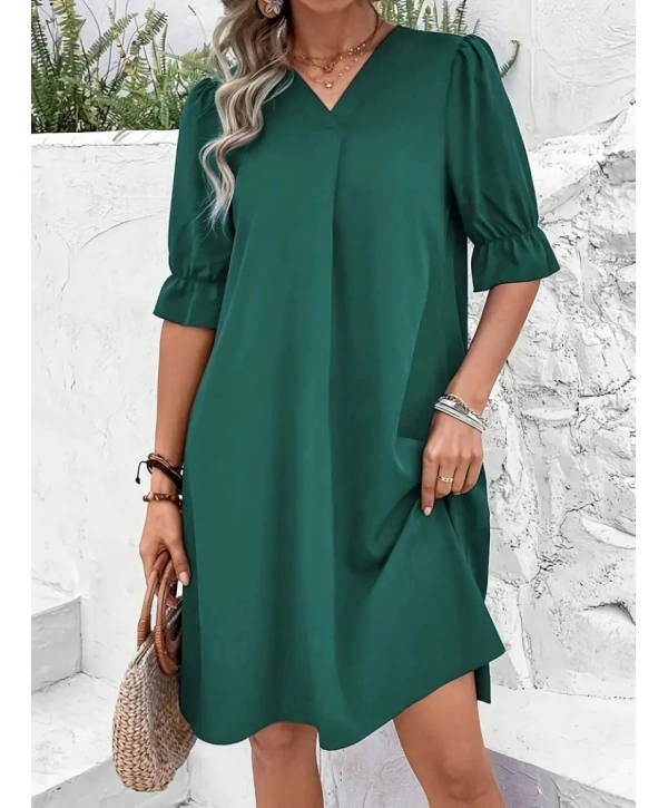 Kadın Kısa Kollu V Yakalı Salaş Janjan Krep Elbise