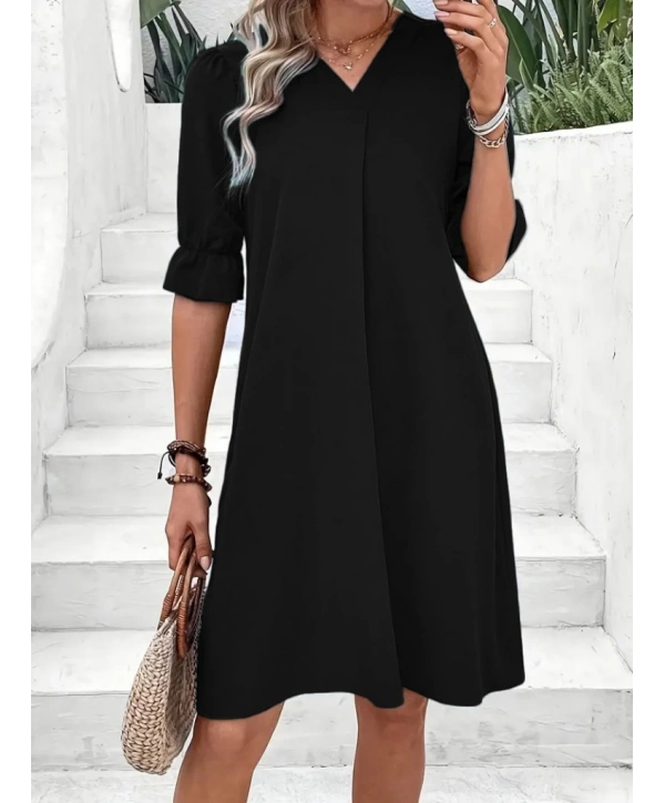 Kadın Kısa Kollu V Yakalı Salaş Janjan Krep Elbise