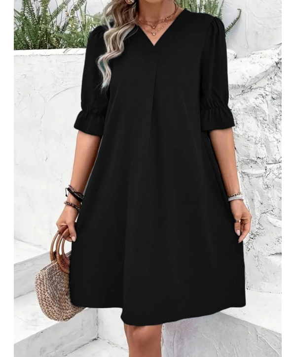 Kadın Kısa Kollu V Yakalı Salaş Janjan Krep Elbise