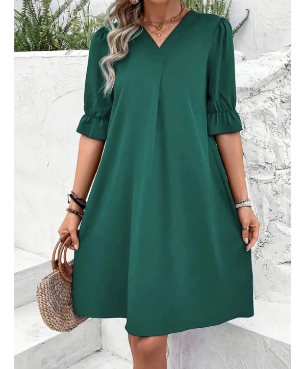 Kadın Kısa Kollu V Yakalı Salaş Janjan Krep Elbise