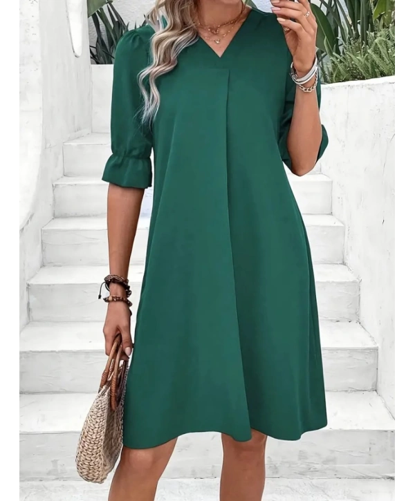 Kadın Kısa Kollu V Yakalı Salaş Janjan Krep Elbise