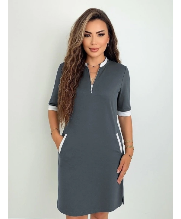 Kadın Kısa Kollu Yakadan Fermuarlı Cepli Yandan Yırtmaçlı Viskon Elbise
