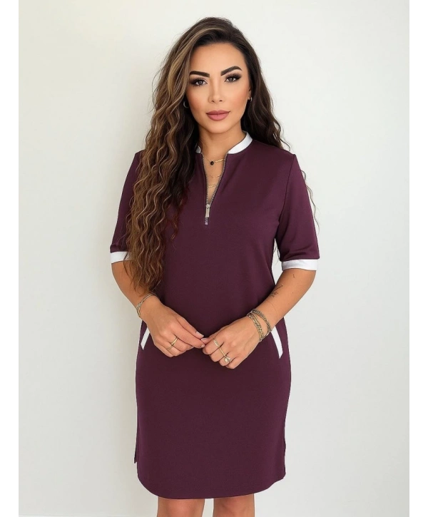 Kadın Kısa Kollu Yakadan Fermuarlı Cepli Yandan Yırtmaçlı Viskon Elbise