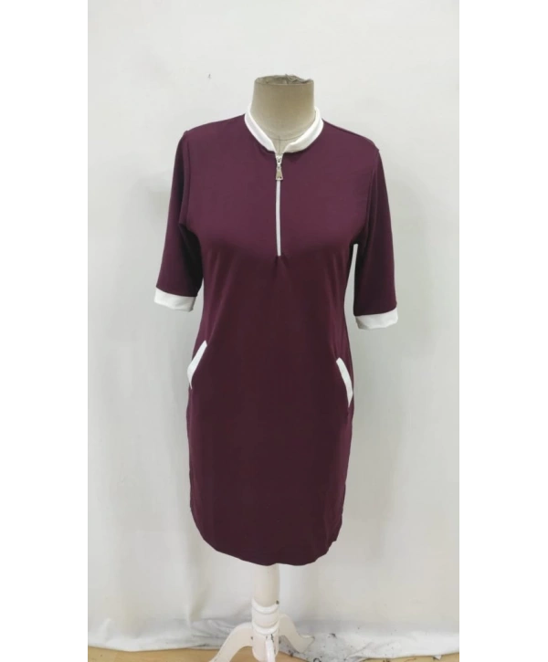 Kadın Kısa Kollu Yakadan Fermuarlı Cepli Yandan Yırtmaçlı Viskon Elbise