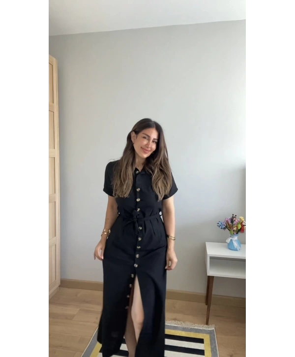 Kadın Kısa Kollu Yakalı önden Düğmeli Beli Kuşaklı Ithal Keten Elbise