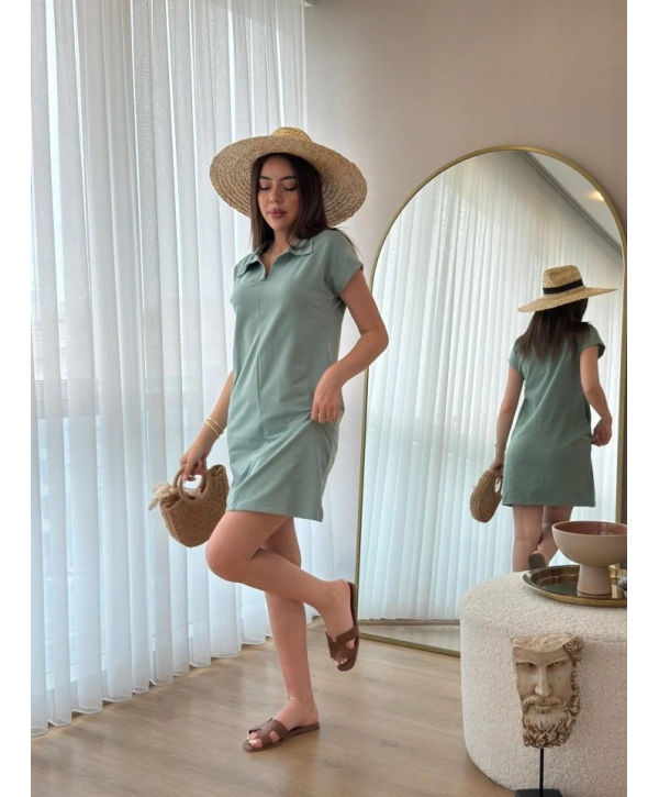 Kadın Kısa Kollu Yakalı Viskon Iki Iplik Elbise