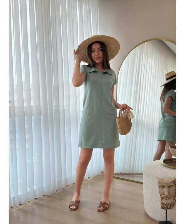 Kadın Kısa Kollu Yakalı Viskon Iki Iplik Elbise