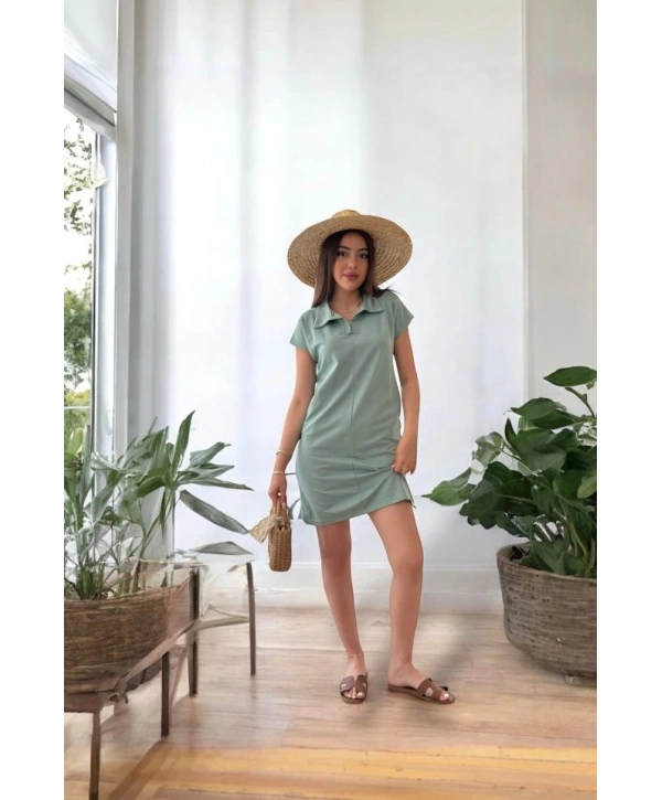 Kadın Kısa Kollu Yakalı Viskon Iki Iplik Elbise