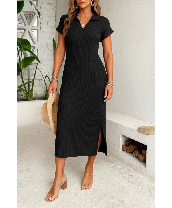 Kadın Kısa Kollu Yakalı Yandan Yırtmaçlı Kalın Fitilli Kaşkorse Elbise