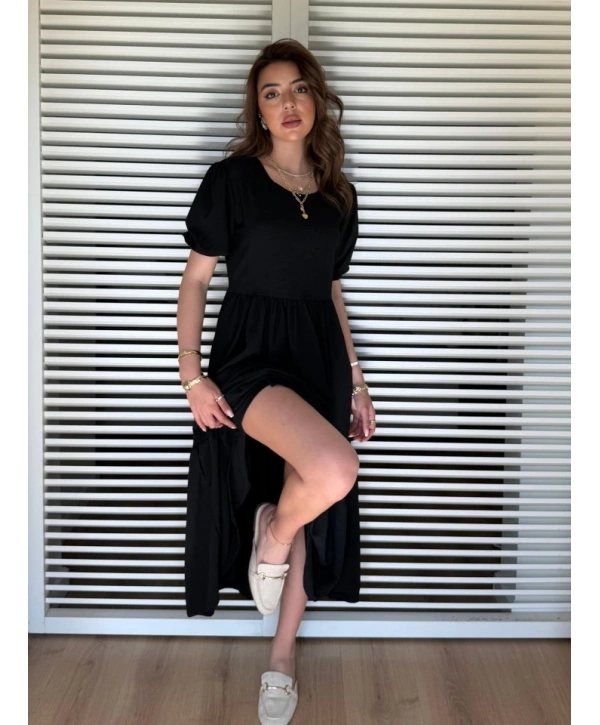 Kadın Kısa Kollu Yakası Açık Katlı Bürümcük Balon Elbise