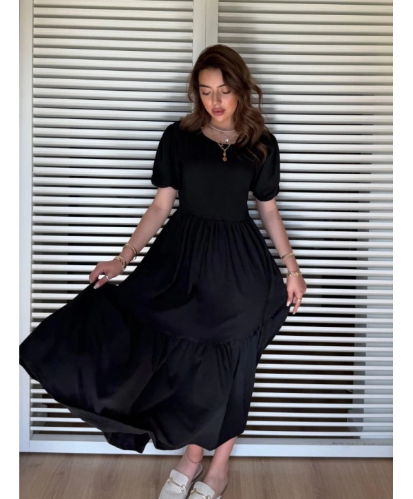 Kadın Kısa Kollu Yakası Açık Katlı Bürümcük Balon Elbise