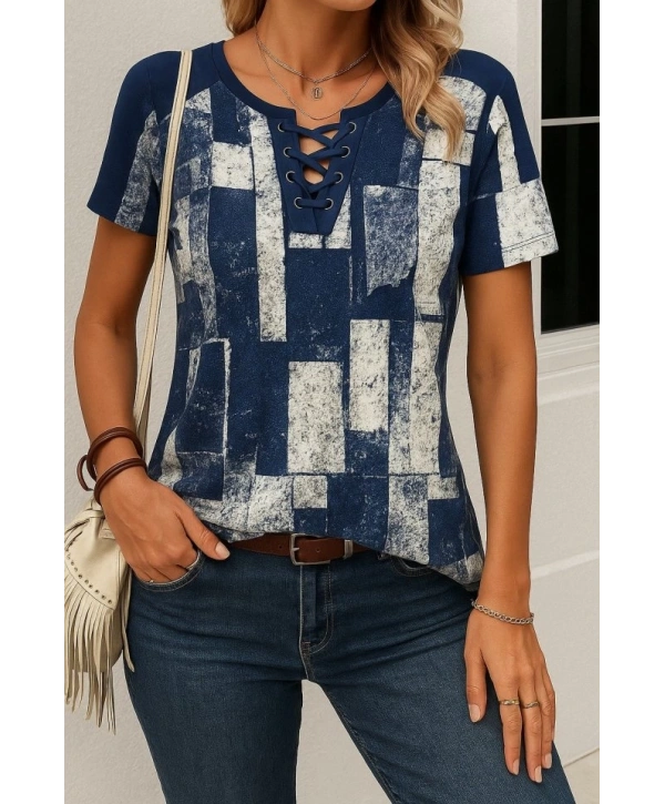 Kadın Kısa Kollu Yakası Bağcıklı Kuş Gözü Detay Süprem Bluz