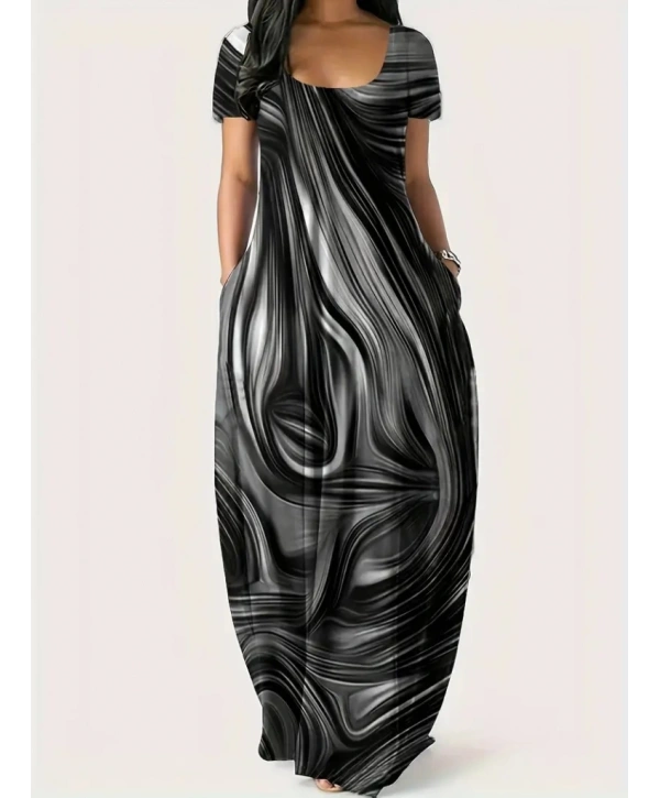 Kadın Kısa Kollu Yuvarlak Yaka Cepli Salaş Baskılı Süprem Elbise