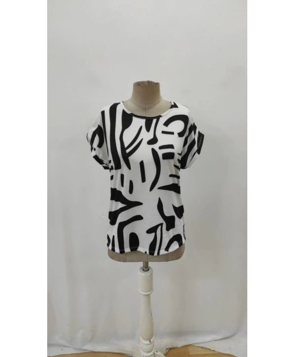 Kadın Kısa Kollu Yuvarlak Yaka Desenli Süprem Bluz