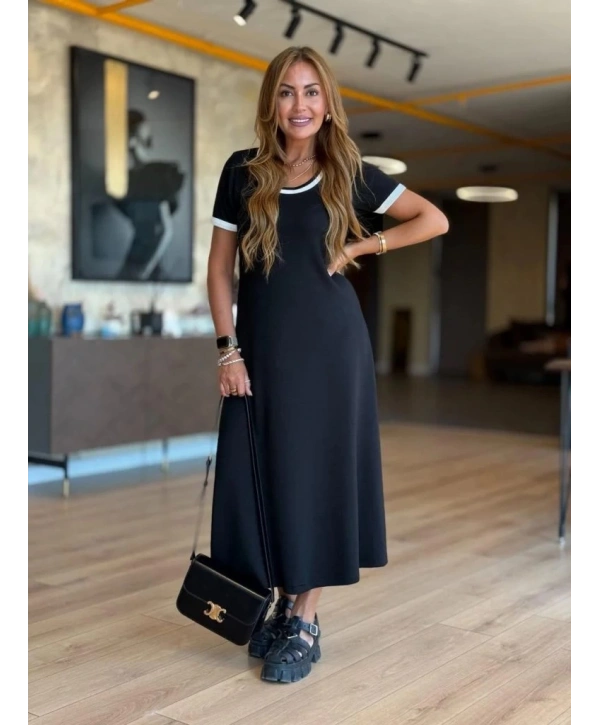 Kadın Kısa Kollu Yuvarlak Yaka Yandan Yırtmaçlı Midi Viskon Elbise