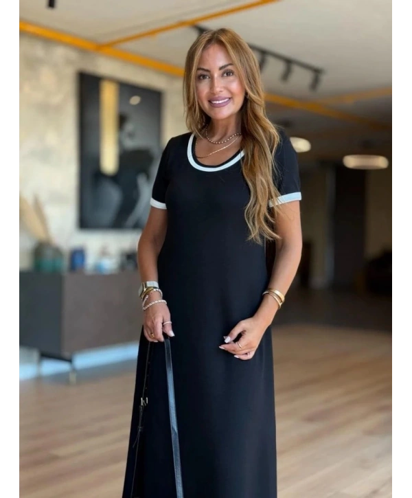 Kadın Kısa Kollu Yuvarlak Yaka Yandan Yırtmaçlı Midi Viskon Elbise