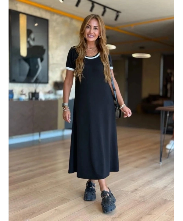 Kadın Kısa Kollu Yuvarlak Yaka Yandan Yırtmaçlı Midi Viskon Elbise