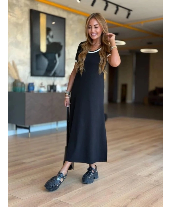 Kadın Kısa Kollu Yuvarlak Yaka Yandan Yırtmaçlı Midi Viskon Elbise