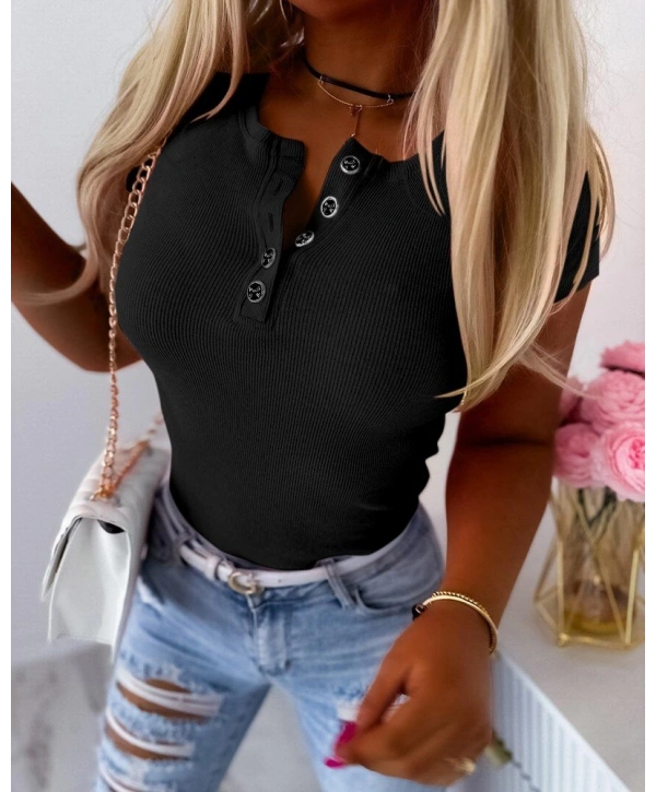 Kadın Kısa Kollu Yuvarlak Yakalı Düğme Detay Kaşkorse Bluz