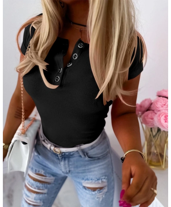 Kadın Kısa Kollu Yuvarlak Yakalı Düğme Detay Kaşkorse Bluz