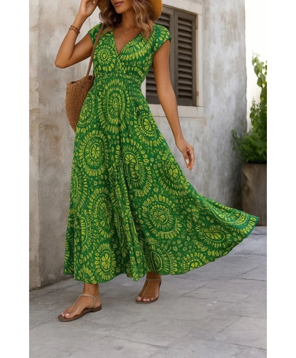 Kadın Kısa Yarasa Kanat Kollu V Yakalı Beli Büzgülü Süprem Elbise