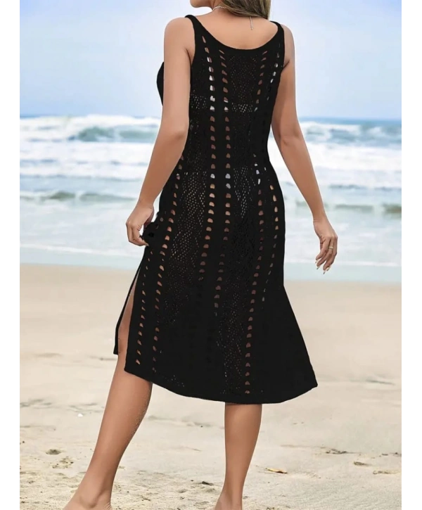 Kadın Kolsuz Askılı Yan Yırtmaç Detay Triko Midi Boy Elbise