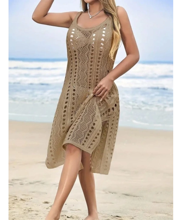 Kadın Kolsuz Askılı Yan Yırtmaç Detay Triko Midi Boy Elbise