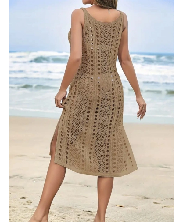 Kadın Kolsuz Askılı Yan Yırtmaç Detay Triko Midi Boy Elbise