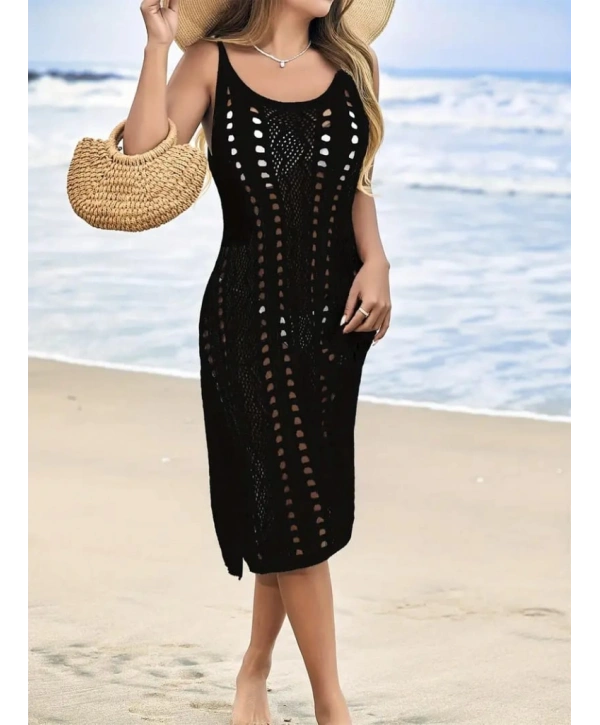 Kadın Kolsuz Askılı Yan Yırtmaç Detay Triko Midi Boy Elbise