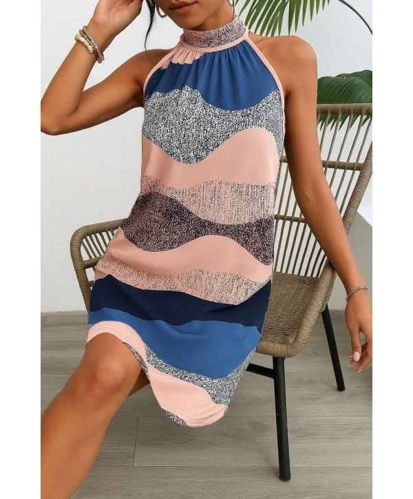 Kadın Kolsuz Boyundan Askılı Desenli Midi Süprem Elbise