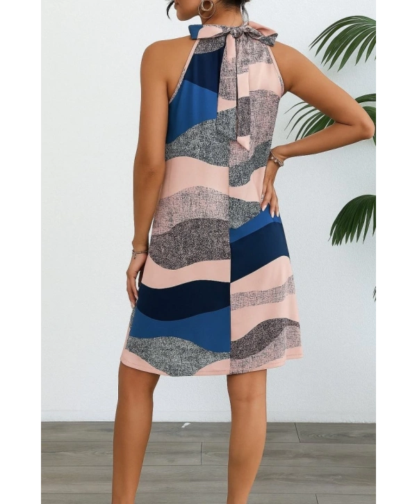 Kadın Kolsuz Boyundan Askılı Desenli Midi Süprem Elbise