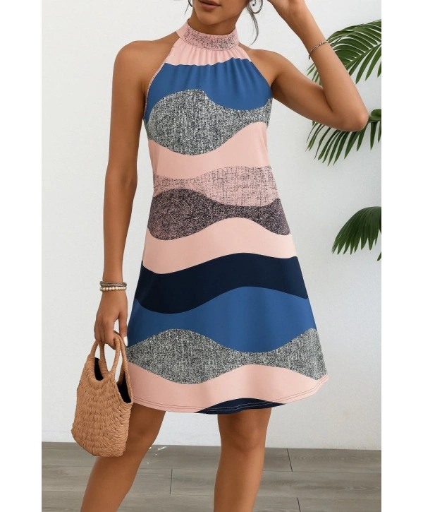 Kadın Kolsuz Boyundan Askılı Desenli Midi Süprem Elbise