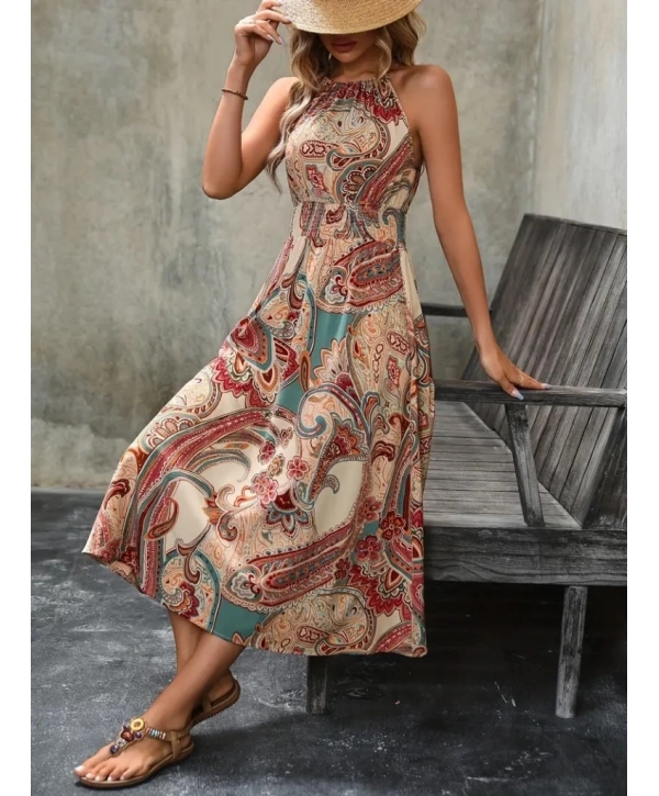 Kadın Kolsuz Boyundan Bağlamalı Beli Lastikli Etnik Desen Baskı Süprem Uzun Elbise