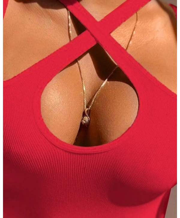 Kadın Kolsuz Boyundan çapraz Geçirmeli Göğüs Damla Detay Kaşkorse Bluz