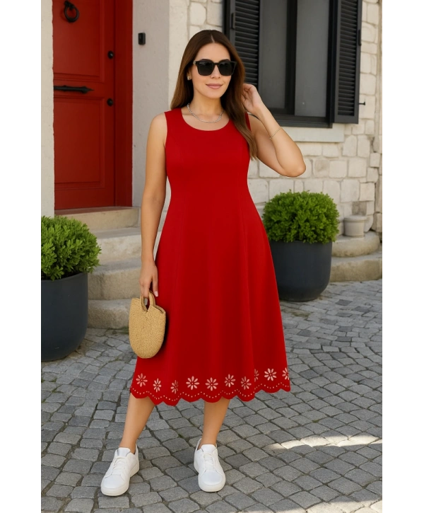 Kadın Kolsuz Etek Ucu Lazer Kesim çiçek Desenli Midi Boy Ithal Krep Elbise