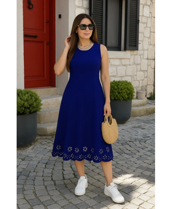 Kadın Kolsuz Etek Ucu Lazer Kesim çiçek Desenli Midi Boy Ithal Krep Elbise