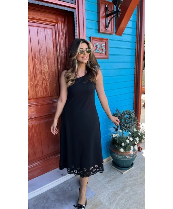 Kadın Kolsuz Etek Ucu Lazer Kesim çiçek Desenli Midi Boy Janjan Krep Elbise