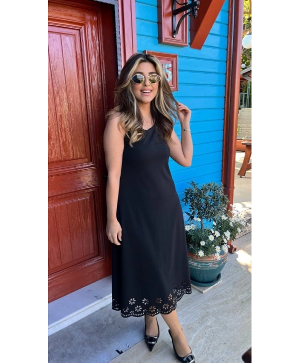 Kadın Kolsuz Etek Ucu Lazer Kesim çiçek Desenli Midi Boy Janjan Krep Elbise