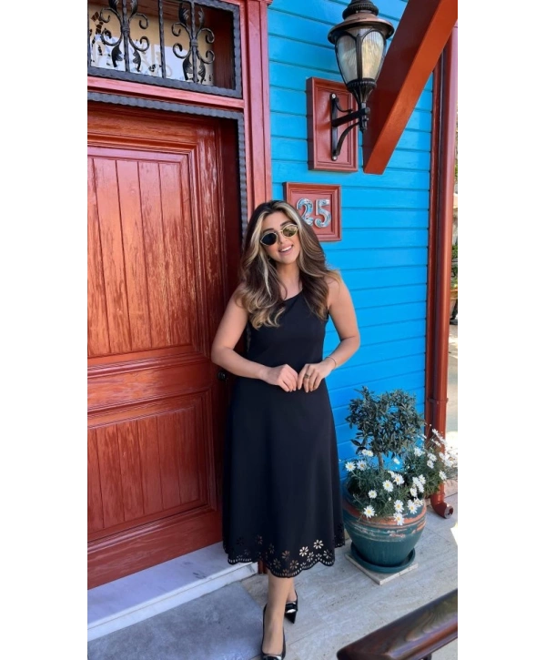 Kadın Kolsuz Etek Ucu Lazer Kesim çiçek Desenli Midi Boy Janjan Krep Elbise