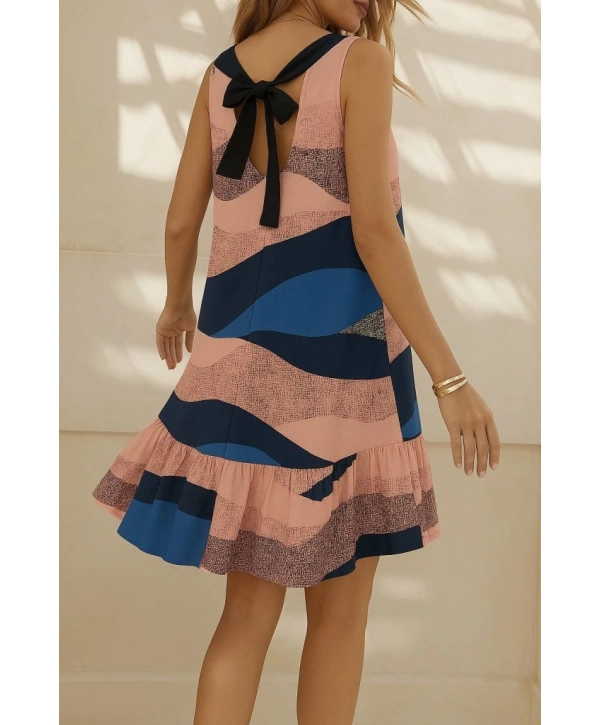 Kadın Kolsuz Sırttan Bağlamalı Fırfırlı Leopar Desenli Dalgıç Elbise