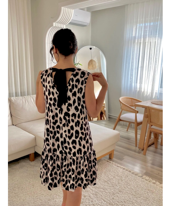 Kadın Kolsuz Sırttan Bağlamalı Fırfırlı Leopar Desenli Süprem Elbise
