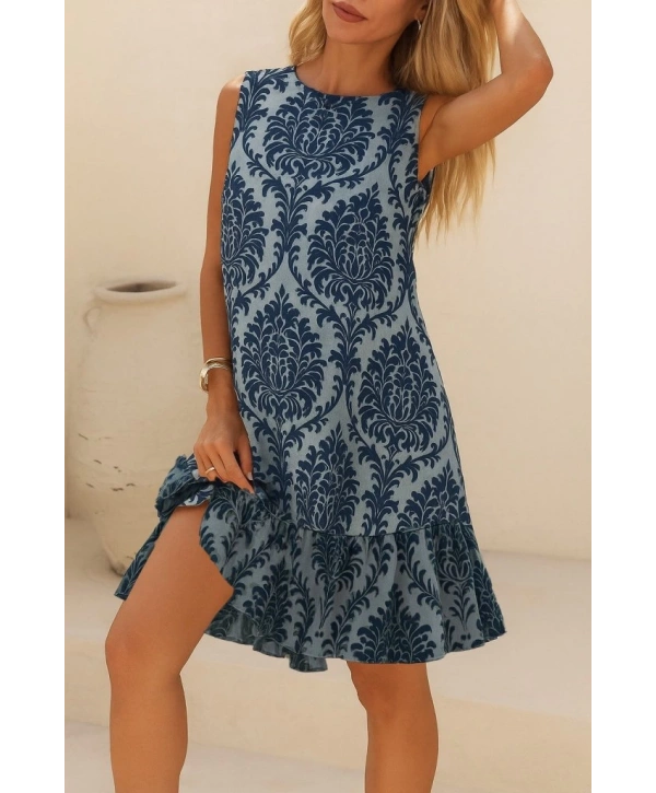 Kadın Kolsuz Sırttan Bağlamalı Fırfırlı Leopar Desenli Süprem Elbise