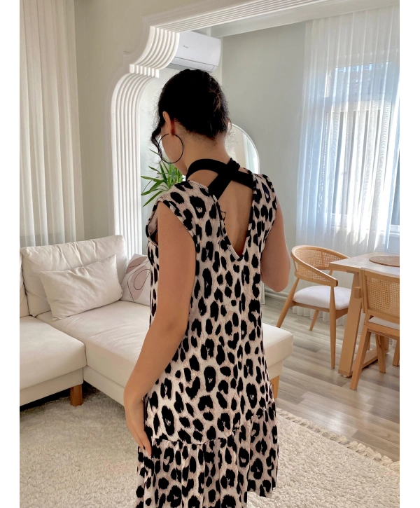 Kadın Kolsuz Sırttan Bağlamalı Fırfırlı Leopar Desenli Süprem Elbise