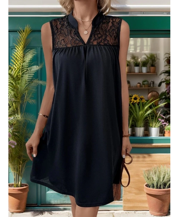 Kadın Kolsuz V Hakim Yaka Dantelli Janjan Krep Elbise