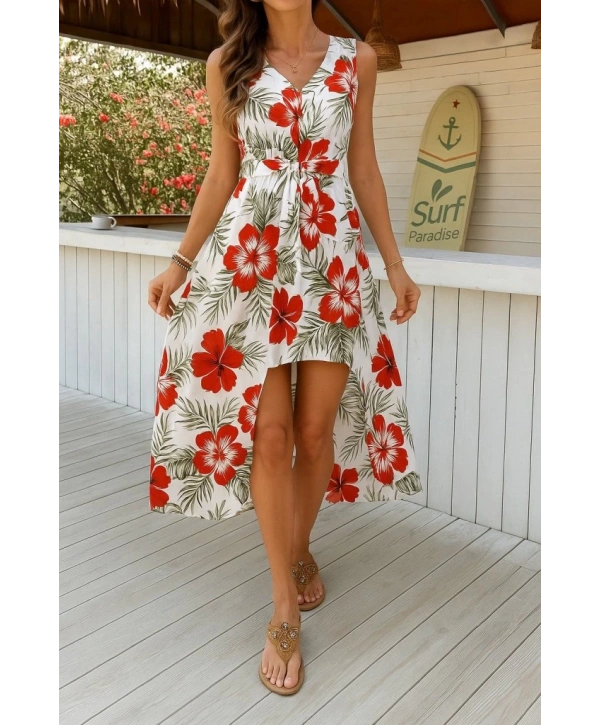 Kadın Kolsuz V Yakalı Desenli Süprem Tulum Elbise